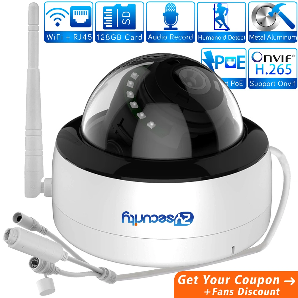 Купольная IP-камера H.265 5 МП Wi-Fi PoE с ии гуманоидным обнаружением зоны сигнализации