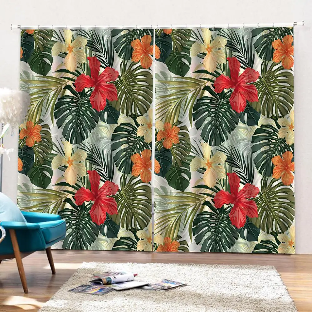 Тропические цветы большие оконные шторы с принтом листьев для гостиной плотные