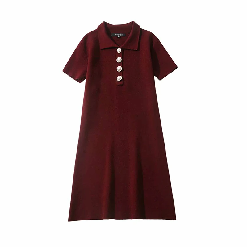ZA 2019 Summer New Women Brief Solid knitting Dress Pearl button Turn-down Short Sleeve Loose Thin Casual Sweater dresses |