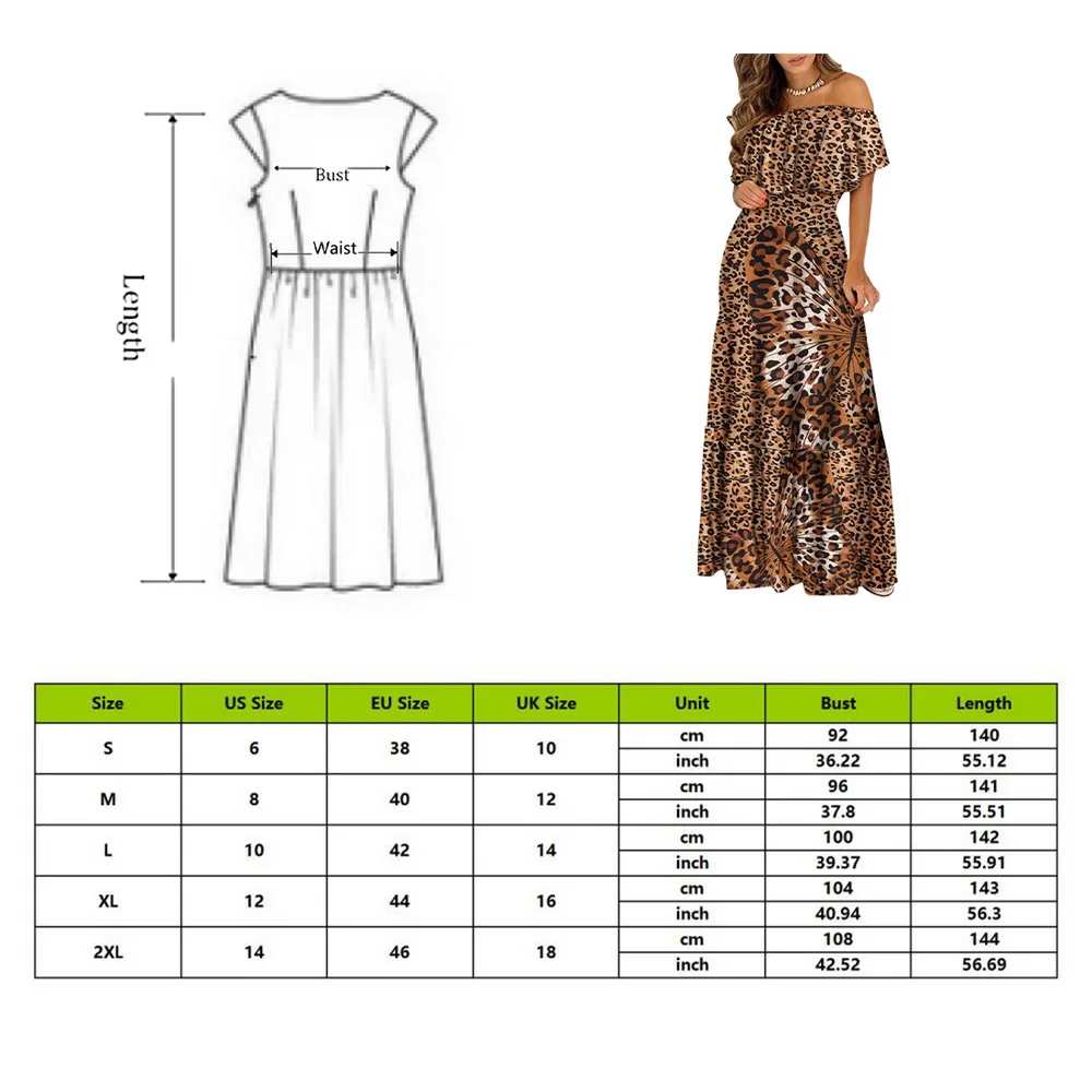 

Off Shoulder Party Dresses Women Lady Ruffle Leopard Print Flare Long Sundress Sexy Ladies Strappy Slash neck Vestido
