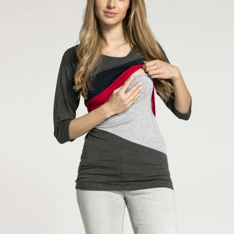 

Новинка Платье для беременных с геометрическим рисунком подходящая цветная невидимая одежда для грудного вскармливания футболка с рукаво...