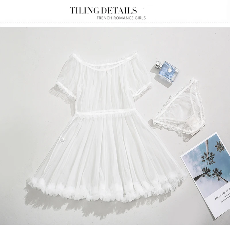 Woman Sexy Lingerie Nightdress Dress Underpants Gauze Off Shoulder Bowknot Perspective Exotic Set Couple Flirting Sexual 3 | Тематическая