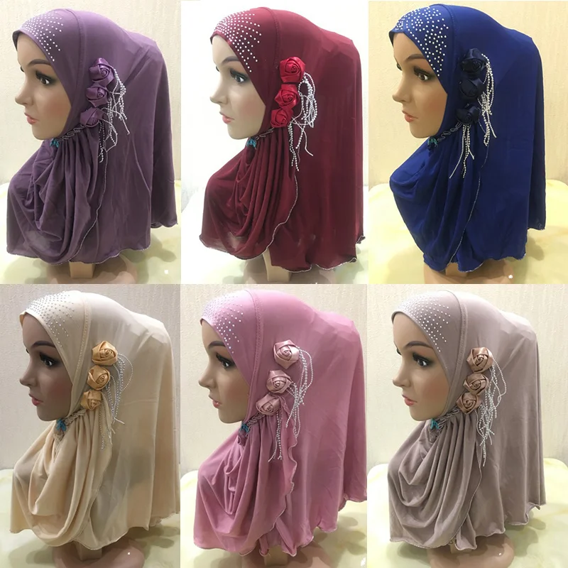 

Ramadan Women Muslim Amira Hijab Islamic Scarf Flowers Rhinestone Headwear Turban Headscarf Hair Loss Prayer Hat Bandanas Cap