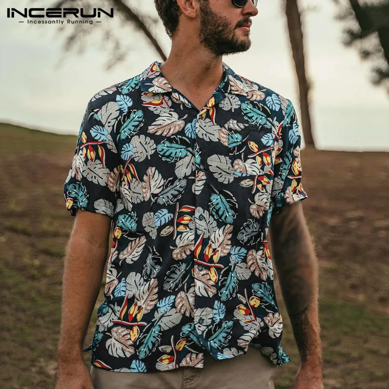 

Man Summer Beach Loose Camisa Streetwear INCERUN Mens Hawaiian Printed Shirts Short Sleeve Turn Down Collar Button Blouse S-3XL