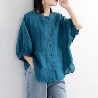 puff sleeve summer linen shirts women plus size clothing ladies loose vintage tops short sleeve female shirt blouse casual 2020
