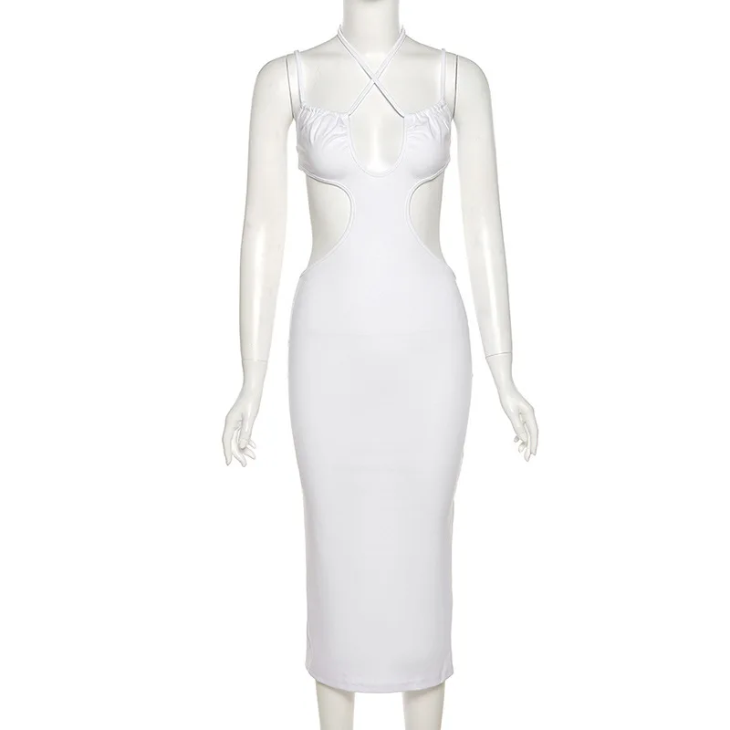

Elegant Cut Out Sexy Halter Neck Backless White Midi Dress Women Sleeveless Night Club Party Dresses Summer 2021 vestidos
