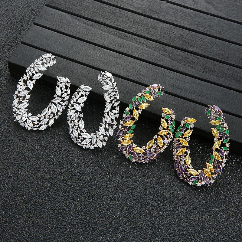 

Luxury Color Zirconium U Shaped Geometric Earrings 925 Silver Needle 210319-78