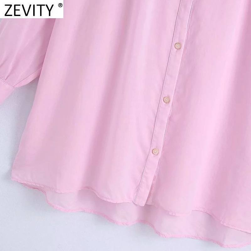 

Zevity Women Simply Pink Color Oversize Shirts Female Back Pleats Sunscreen Summer Blouse Roupas Chic Button Chemise Tops LS9369