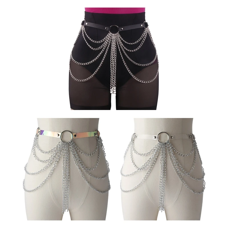 

573B Multi Layered Punk Waist Belly Chain Belt for Women Alloy and PU Leather Tassel Chain Dance Party Body Accessories