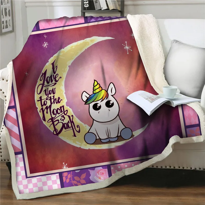

Throw Blankets Fleece cute unicorn on the moon printed child Drawing Breathable Warm Thicken Blanket for Bed soft couch Beddings
