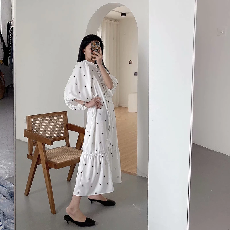 Женское свободное белое платье с принтом Повседневное средней длины круглым