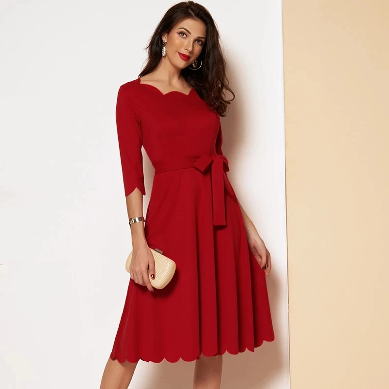 

Elegant Scallop Edge Bodycon Dress Women 3/4 Sleeve Solid Pencil Dresses Woman Party Night Ladies Midi Dress