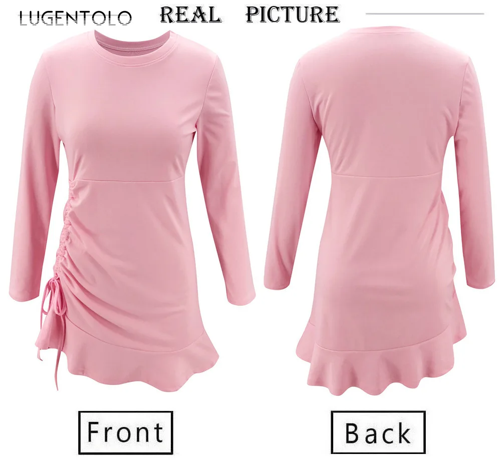 

Lugentolo Autumn Women Sexy Dress Round Neck Simple Ruffles Drawstring Slim Long Sleeve Dress Pink Solid Lady Simple Mini Dress