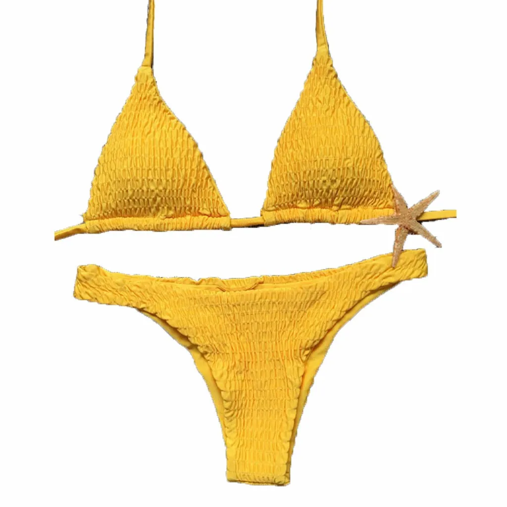 

Sexy Pleated Bikini Solid Split Swimwear Two Piece Filled Bra Women Push Up Swimsuit Off Shoulder Biquini