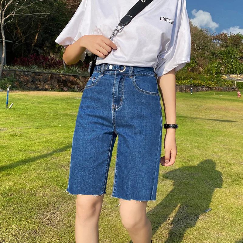 

Джинсы женские с завышенной талией, летние прямые штаны из денима, на молнии, до колена, с эластичным поясом