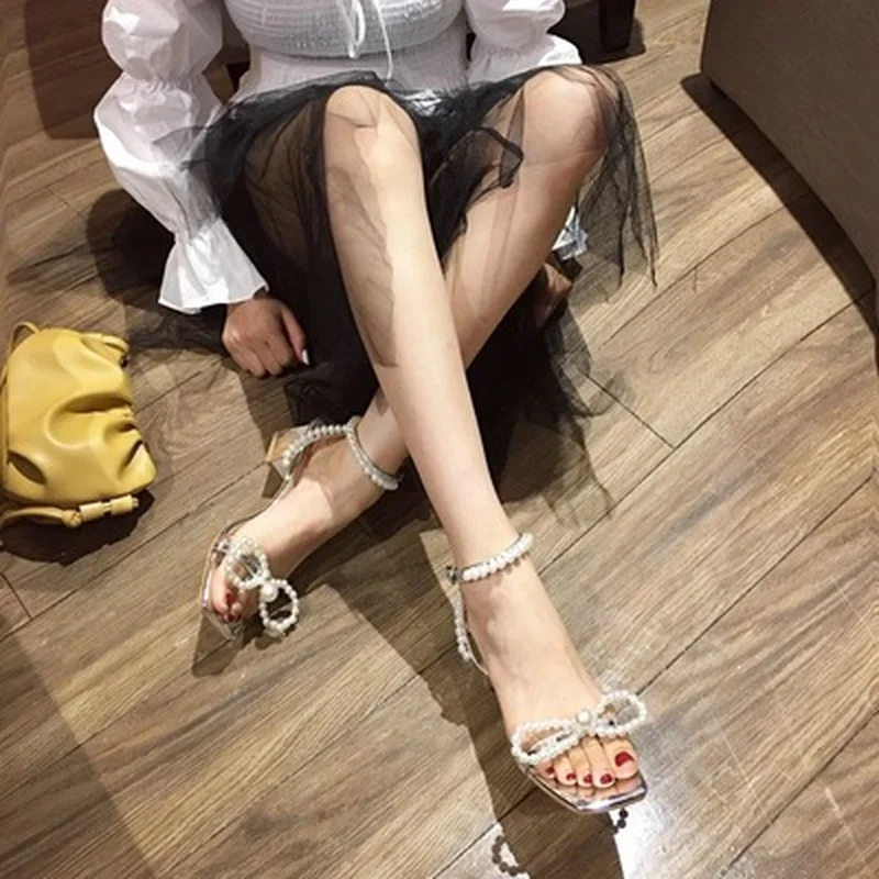 

Handmade String Bead Silver Patchwork Clear Sandals Women Pearl Bow-knot Square Toe Sandalias Thick High Heels Party Shoes Woman