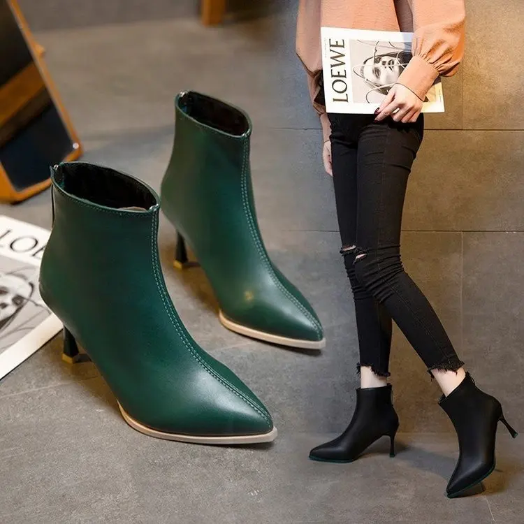 

2021 Fashion INS Short Boots Woman,High Heeled Ankle Boot,Women Autumn Shoes,Pointed toe,Female Footware,Back Zipper,Black Green