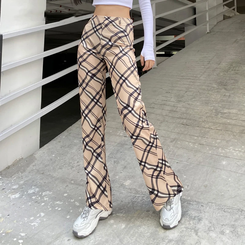 

Harajuku Checkered Print Straight Long Trousers Ladies Fashion High Waisted Pants Capris Casual Skinny Jogger Streetwear 2021