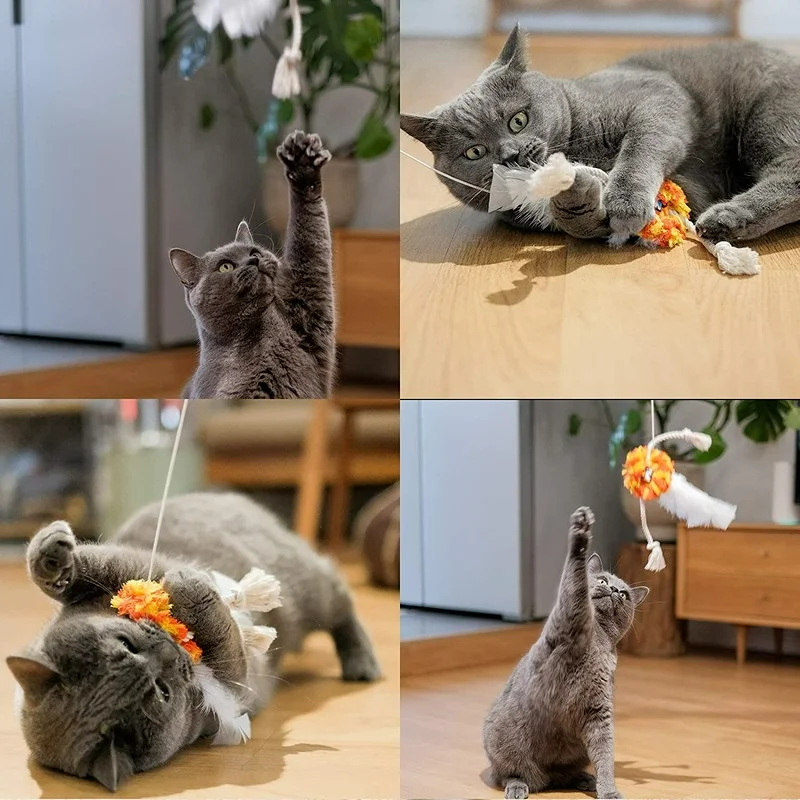 

Square Face Cat Feather Teaser Toy Interactive Cat Toy Wand Elastic String Bouncy Kitten Toy Exercise Have Fun for Cat Kitten