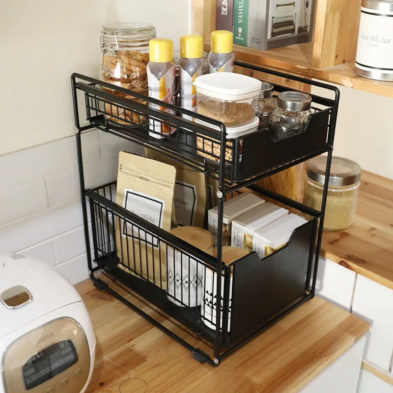 Under The Kitchen Sink Storage Rack Drawer Type Can Be Pushed And Pulled Under The Cabinet Telescopic Double Shelf WF
