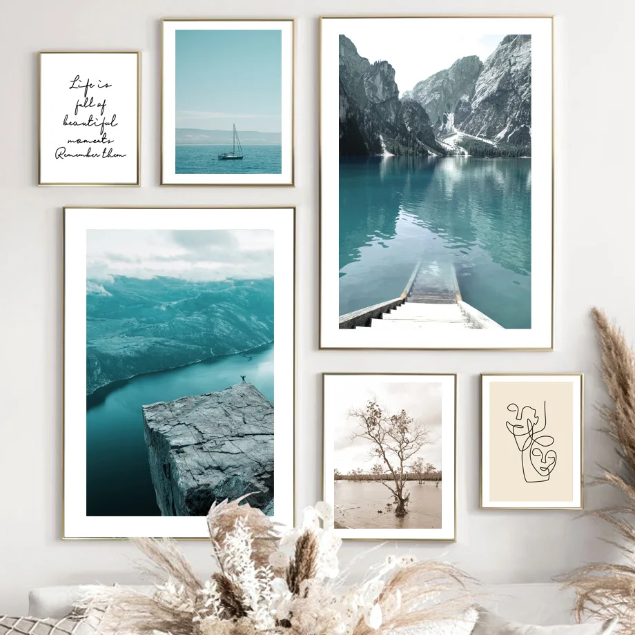 

Calm Lake Tree Canyon Sea Sailing Ship Line Quotes Nordic Poster Wall Art Prints Canvas Painting Decor Pictures For Living Room