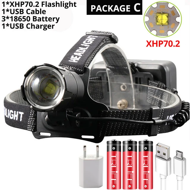 Package C XHP70.2 светодиодный налобный фонарь XHP70 самый мощный желтый белый светодиодный налобный фонарь для рыбалки, кемпинга, фонарь с зумом, 3*18650 батареи - Испускаемый цвет: Package C