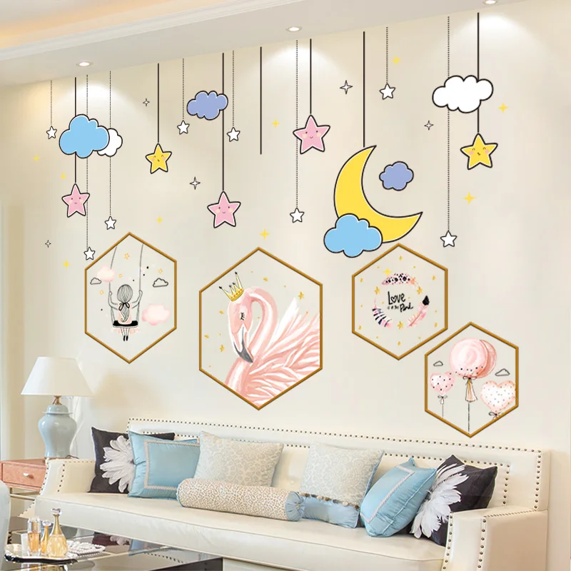 

[SHIJUEHEZI] Girl Flamingo Balloon Wall Stickers DIY Stars Moon Clouds Wall Decals for Kids Bedroom Baby Room Home Decoration