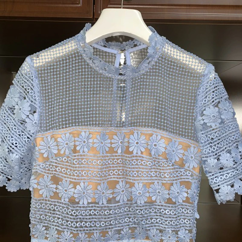 

Fashion Maxi Lace Runway Dress 2021 High Quality Flower Embroidery Hollow Out Blue Dress Long Party Holiday Dress