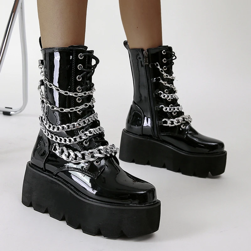 

Size 34-43 Wedges Shoes For Women Boots With Chain High Heel Ankle Boots Lace Up Platform Punk Boots Women Shoes Autumn