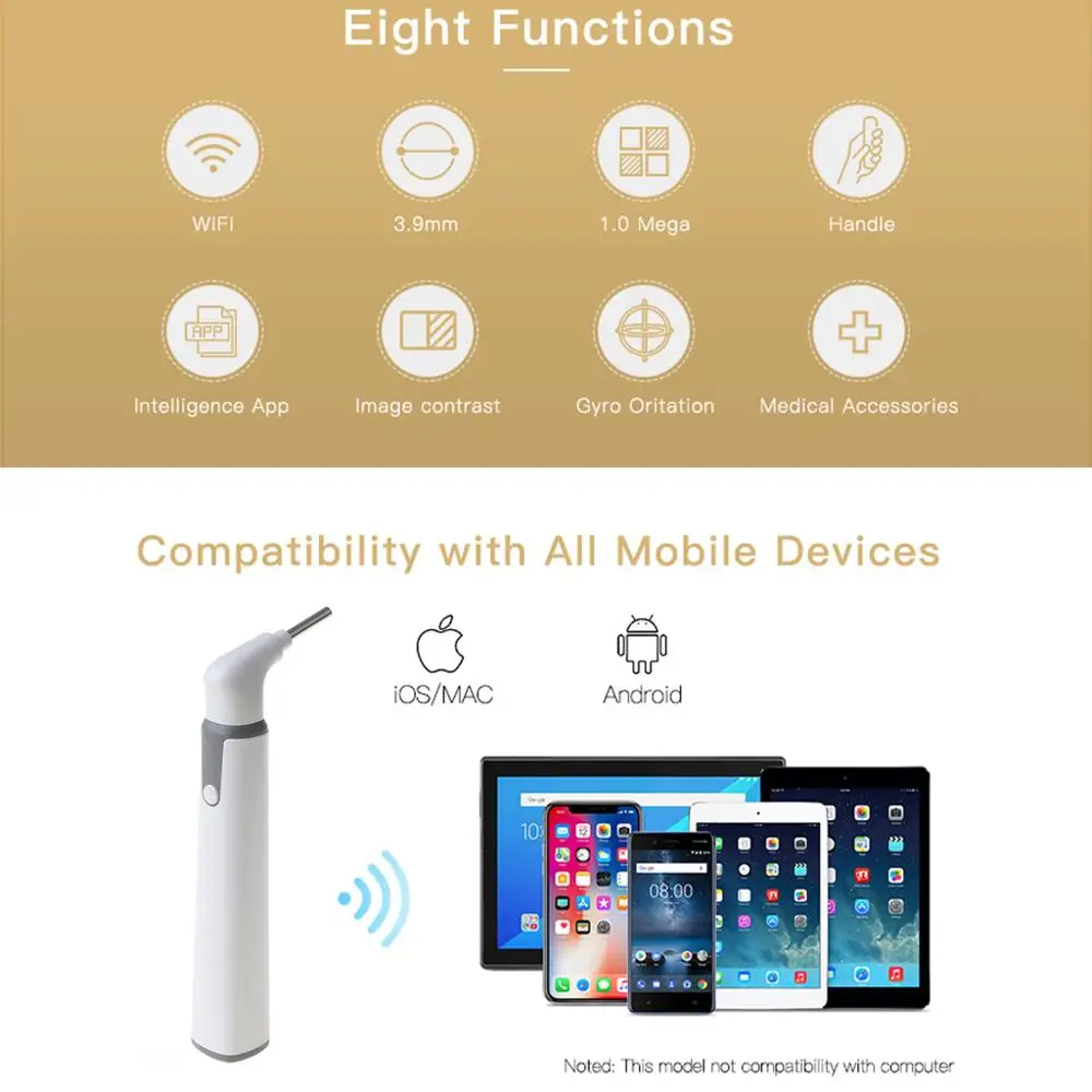 

5 in1 earscope cleaner Wifi Ear Endoscope Camrea 1080p Ear Spoon Earpick 3.9mm Ear Camera Digital Otoscope For Android for iOS
