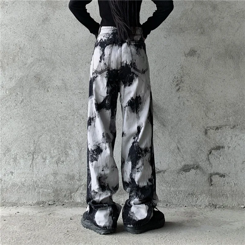 

Street High-waist Washed Jeans Retro Distressed Tie-dye Jeans New Loose And Versatile Trousers Thin Straight Wide-leg Pants
