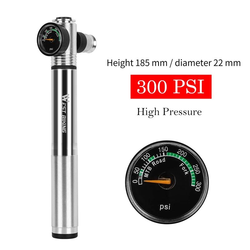 

WEST BIKING Bicycle Pump Aluminum Alloy Bike Tire Inflator Schrader Presta Valve 300 PSI Pump for Front Fork Rear Suspension