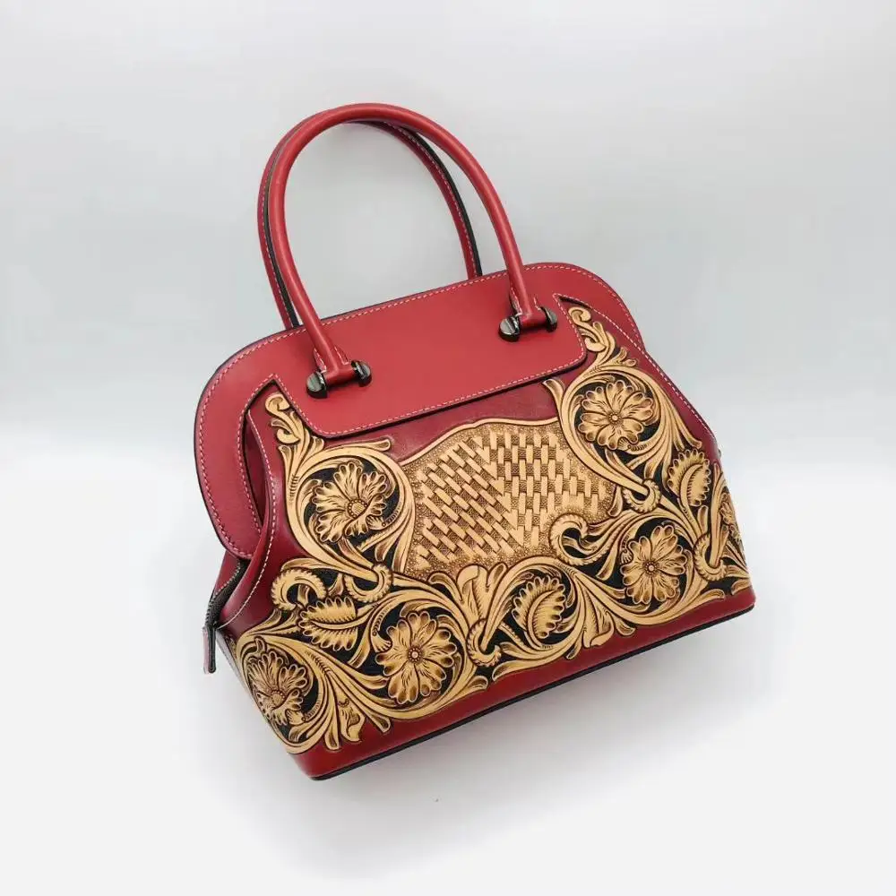 Сумка женская винтажная из натуральной коровьей кожи с гравировкой зеленого