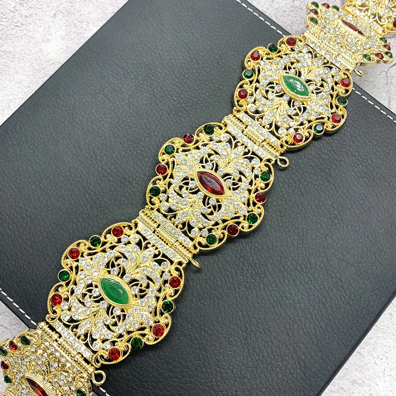 Elegant Moroccan Caftan Belt for Women Wedding Dress Jewelry Hollow Metal Buckle Link Chain Full Color Crystal Bride Gift