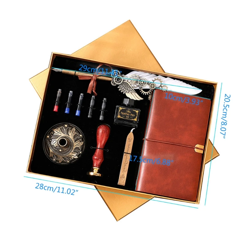 

Retro Feather Dip Pen Seal Stamp Wax Set with Ink Bag Ink Extraction Tube Pen Feather Notebook Fire Paint Seal Stationery