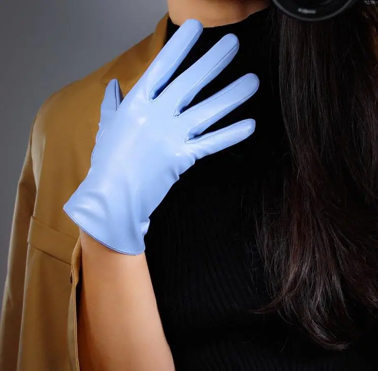 

Women's fashion light blue sexy slim faux pu leather glove lady's club performance formal party leather short glove 21cm R2226