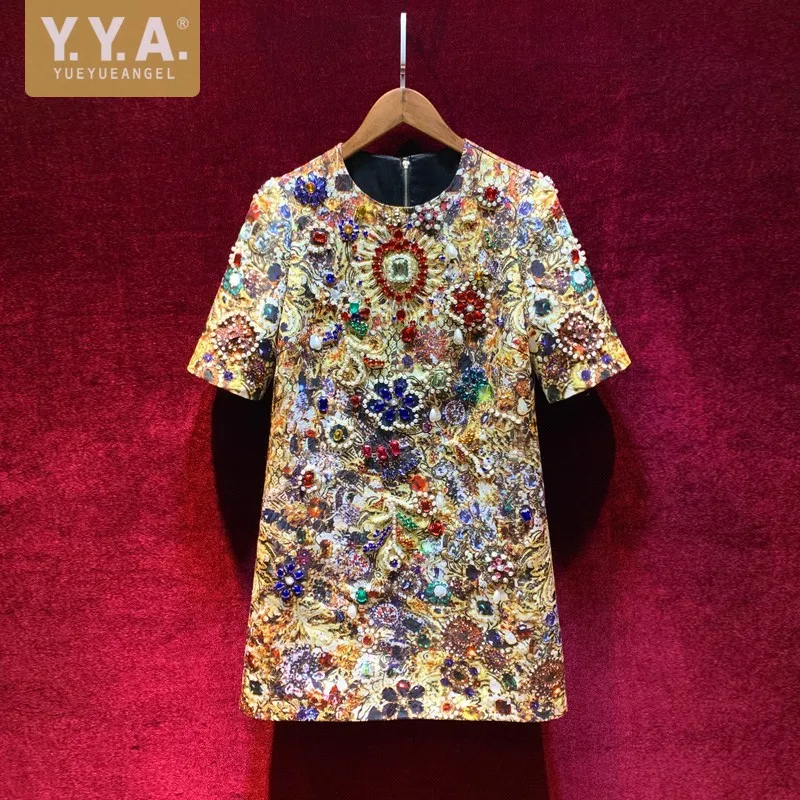 

Женское офисное платье с коротким рукавом, роскошное свободное модельное платье мини с винтажным принтом и бусинами со стразами, лето 2021