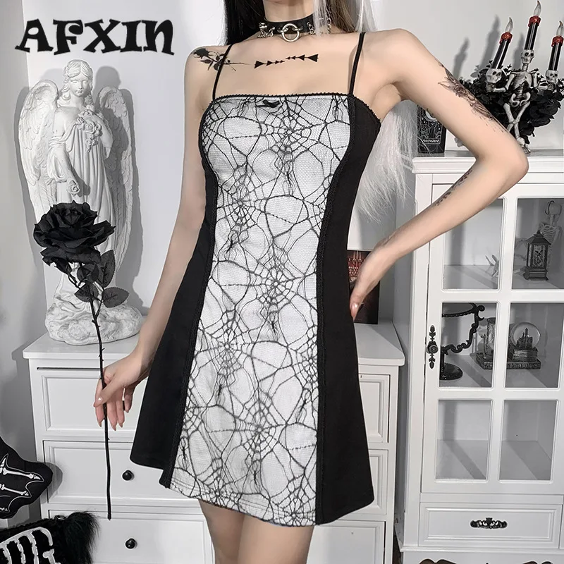 

Женское платье в стиле панк, готическое лоскутное платье, летняя уличная одежда для вечеринки Y2k, Сетчатое лоскутное платье-трапеция с паути...