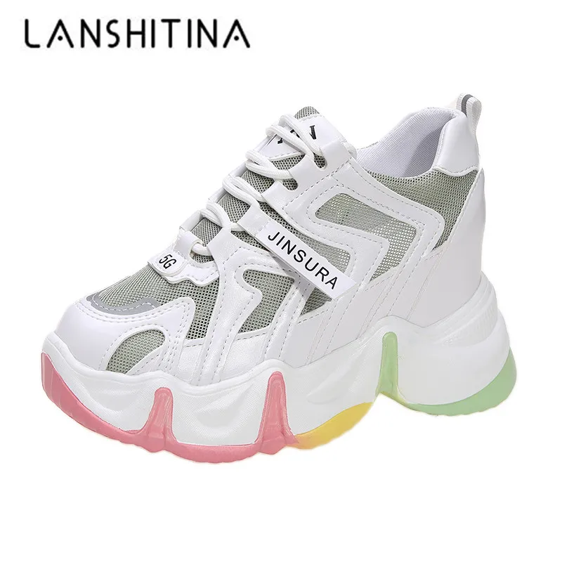 

Designers Women Platform Sneakers Summer Mesh 9cm Height Increasing Pink Chunky Casual Shoes Sports Vulcanized Shoes Woman 2020