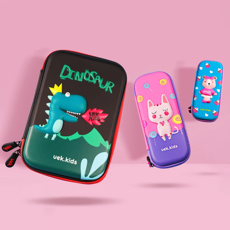 

Uek kids school pencil case dinosaur lion pen pouch holder kawai stationery cat large double zipper PVC pencilcase for boy gris