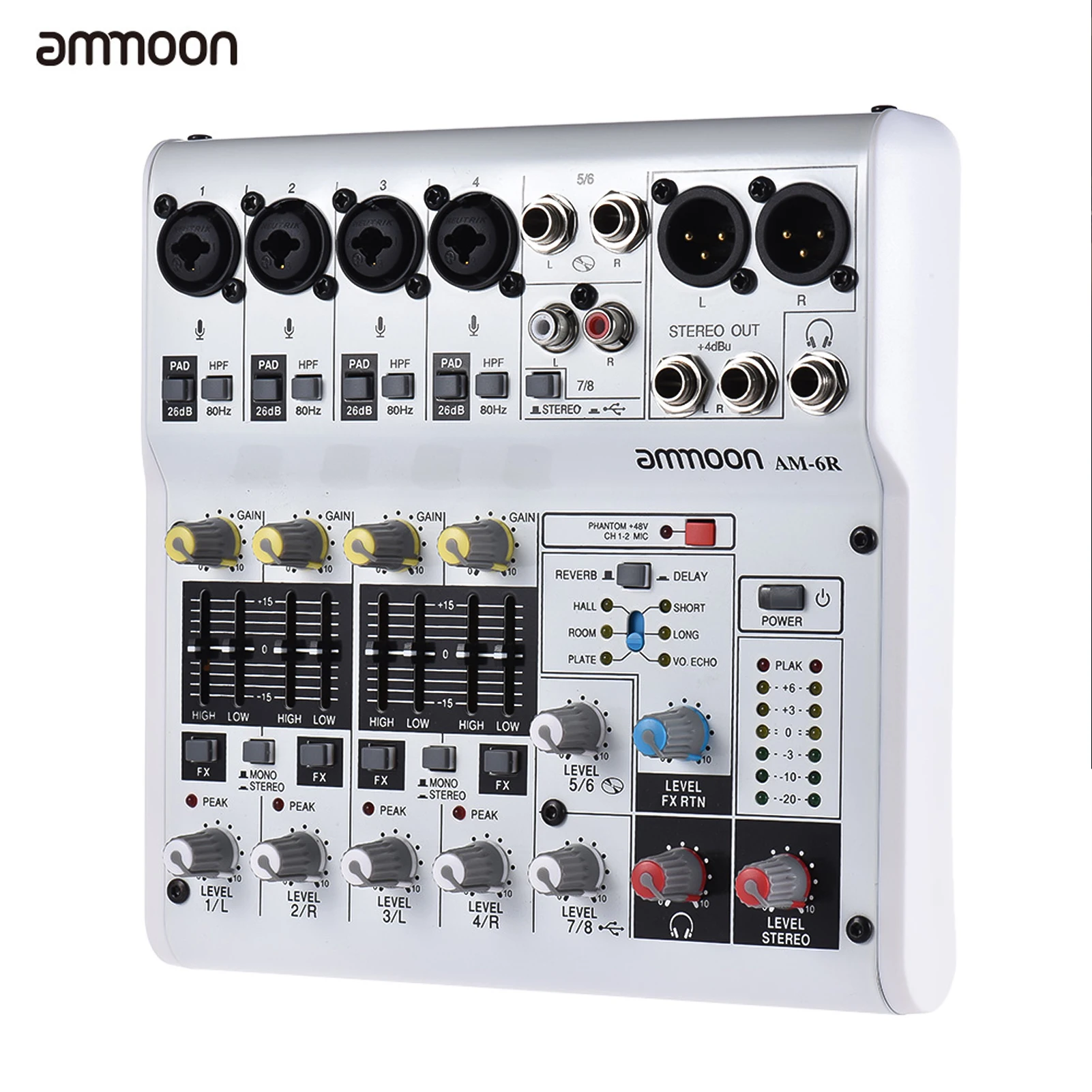 Микшерный пульт ammoon AM-6R 8-канальный со встроенным фантомным питанием 48 В от