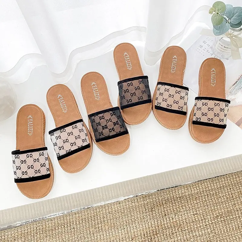 

2021 New Style Women Sandals Outdoor Flip Flops Light Brown Breathable Mesh Beach Slippers Female Shoes Sandals Size 35-40