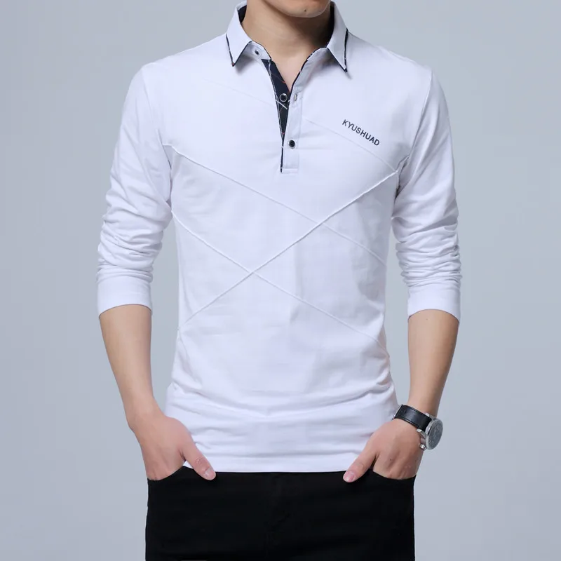 

New Style Spring Autumn Fashion Business Casual Long-Sleeved Turn-Down Collar Korean Slim Cotton Men Creases Culture T-Shirt