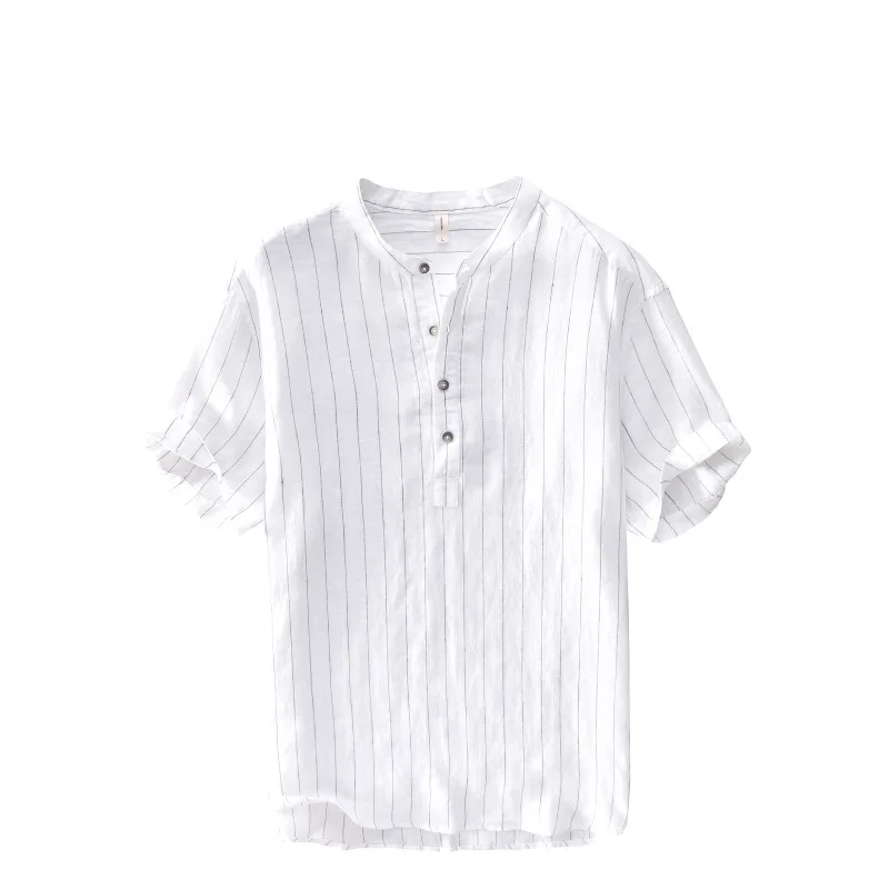 Воротник стойка 2020 Короткий Мужской рукав чистый лен Полосатый Белый Серый