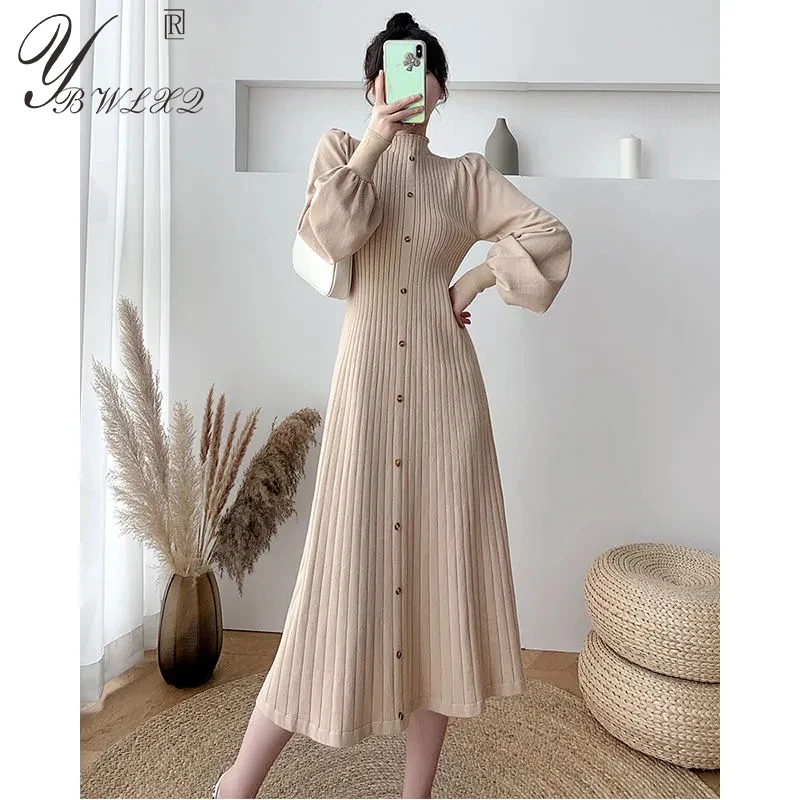 

Half High Collar Lantern Sleeve Knit Dress Women Autumn Winter Warm Chic Soft Pullover Long Dresses Fashion Casual Sweater Dress
