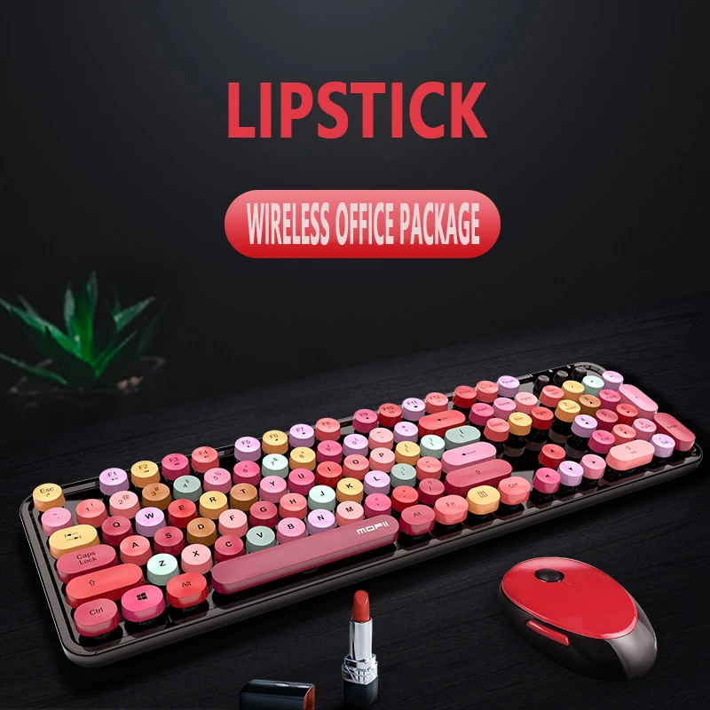 

Wireless Keyboard Mouse Back Light Set Color Lipstick Female Office Manipulator Keycap Detachable Ergonomic PC Computer Notebook