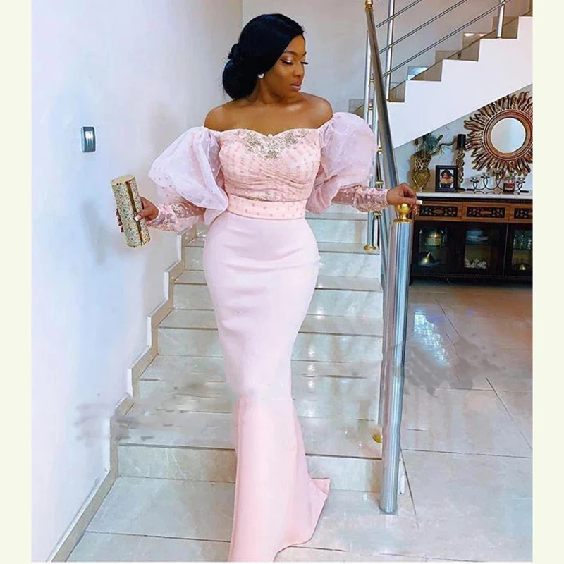 

Women's Long Chiffon Prom Party Dresses Sweetheart Off the Shoulder Formal Evening Gown Puff Full Sleeves Mermaid Sequined Robe
