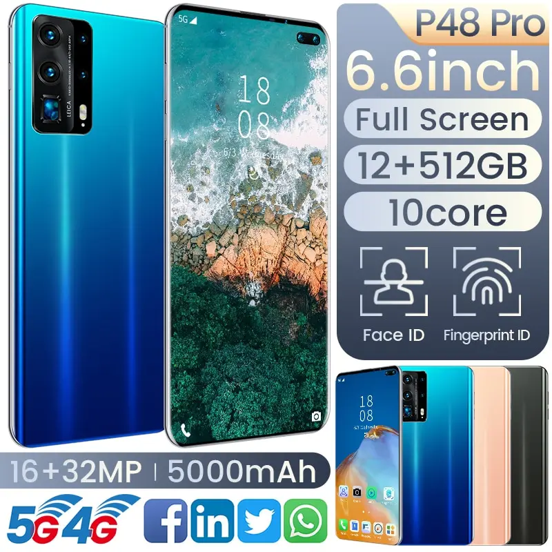 

Global Version P48 Pro Android Smartphones 6.6''Big Screen 5G Cellphones 12GB +512GB 10-Core Smart wake-up Function Mobile Phone