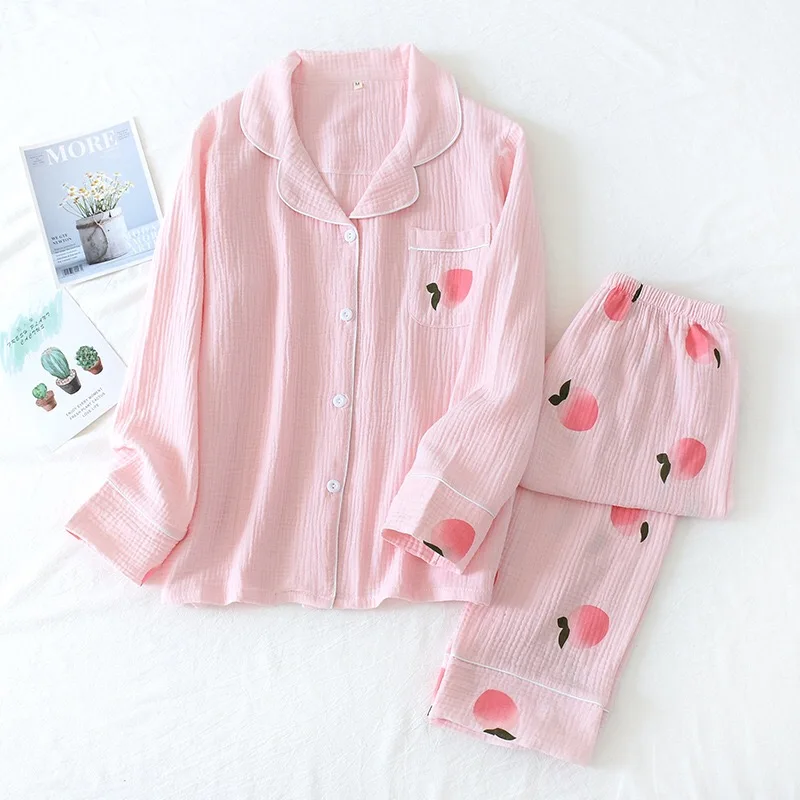 pink peach Весенний женский пижамный комплект с принтом в виде сердца, двухслойная газовая пижама с длинными рукавами и отложным воротником, брюки, домашняя одежда - Цвет: pink peach