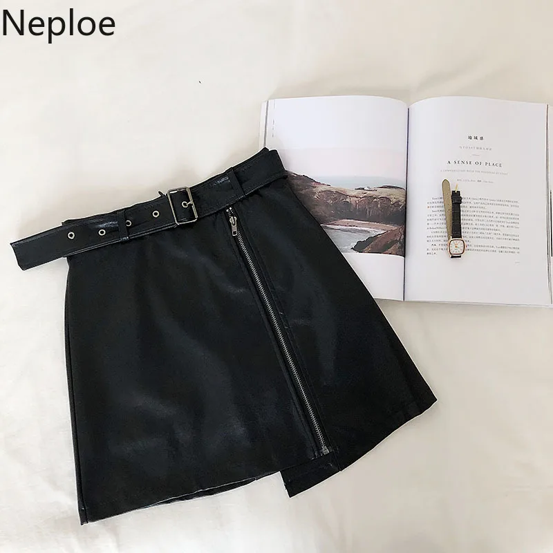 Neploe осень зима диагональная молния необычная кожаная юбка Модная высокая талия